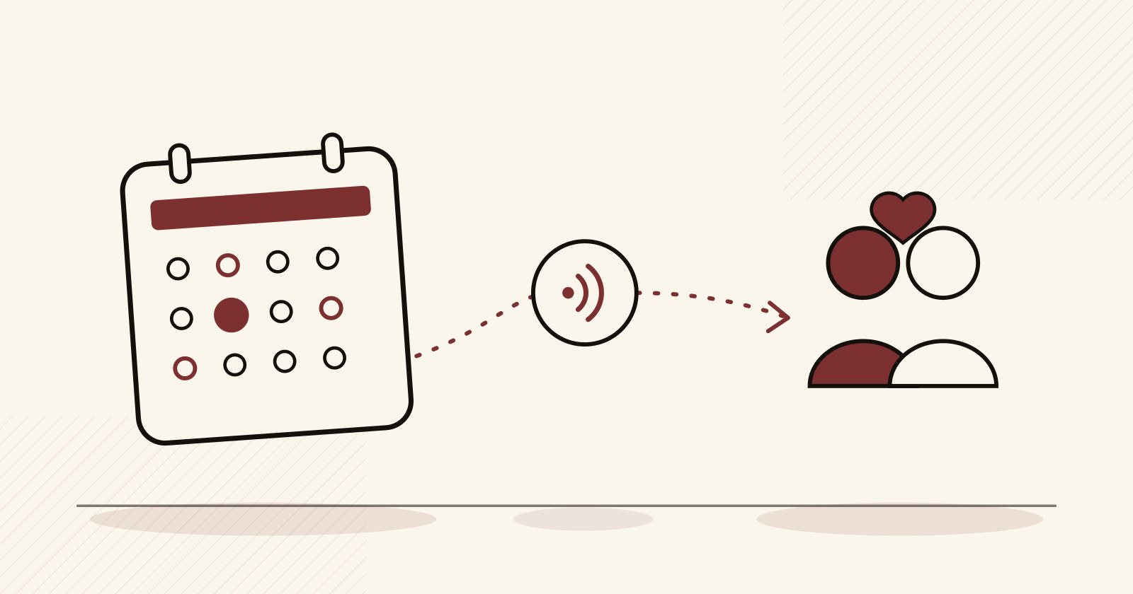 Editorial duotone illustration of an event calendar linked by a dotted signal path through a broadcast icon to two people forming a match, with a small heart above them. Clay red and charcoal on cream paper.