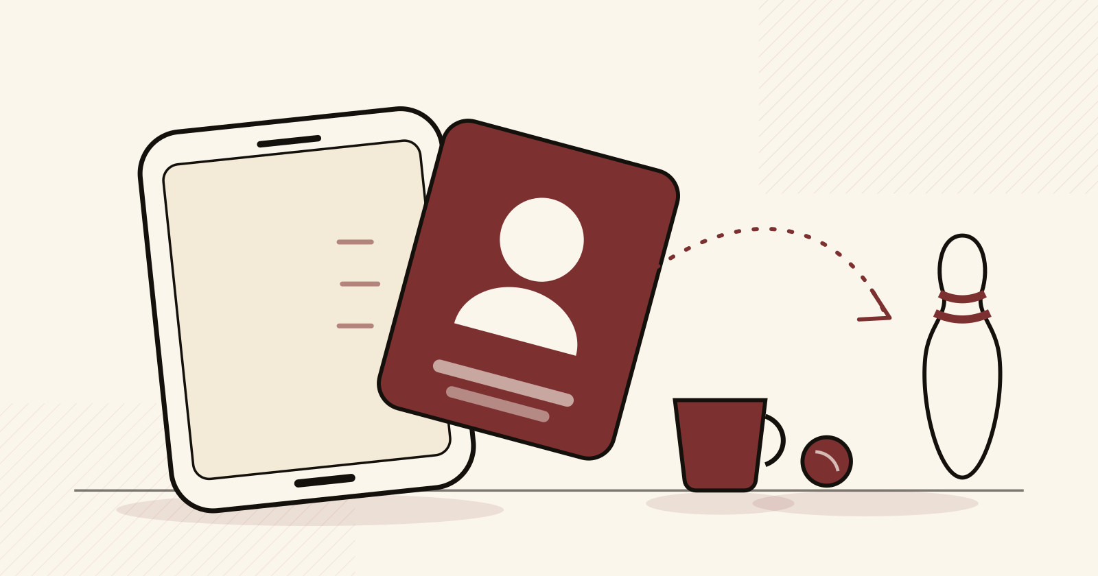 Editorial duotone illustration of a smartphone with a dating profile card sliding off the screen toward real-world objects, a bowling pin, a coffee cup, and a ball on a table. Clay red and charcoal on cream paper.