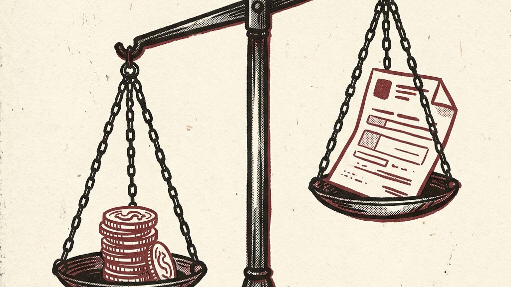 An old balance scale weighing coins against a paper subscription form
