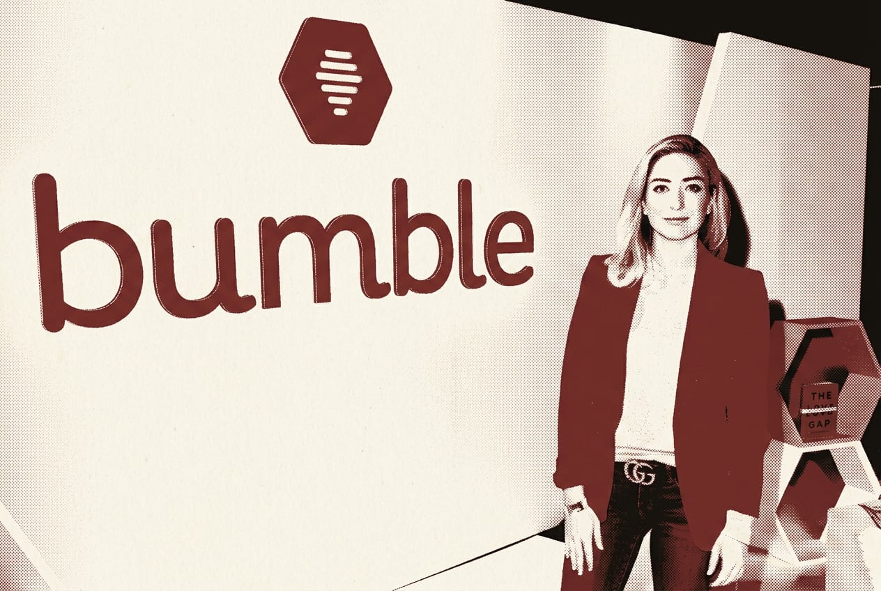 Whitney Wolfe Herd, founder of Bumble, standing in front of a large Bumble logo wall. Duotone treatment in clay red and charcoal on cream paper.