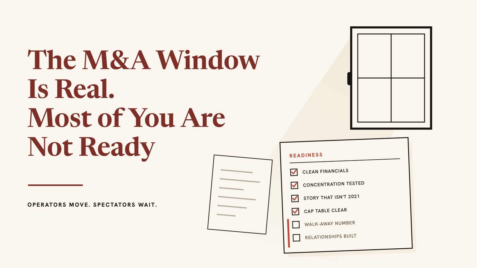 A readiness checklist beneath an open window: four items ticked, walk-away number and relationships still undone